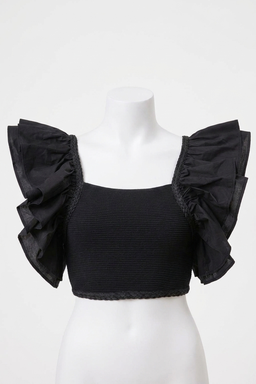 NEW LINE AND DOT ruffle sleeve mara crop top in black
